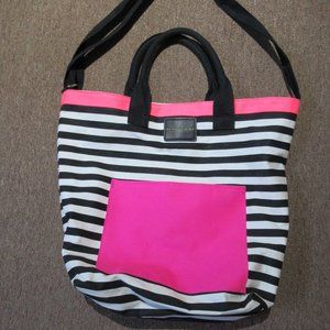 VICTORIA'S SECRET Striped Tote Bag Black White Pink Canvas 18" x 16" x 8"